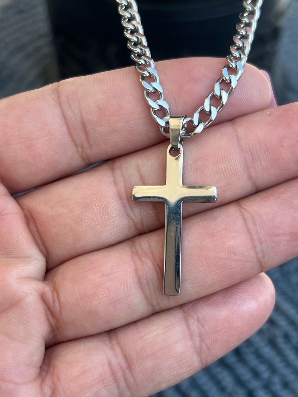 Men's Silver Cross Pendant Necklace - Polished Stainless Steel
